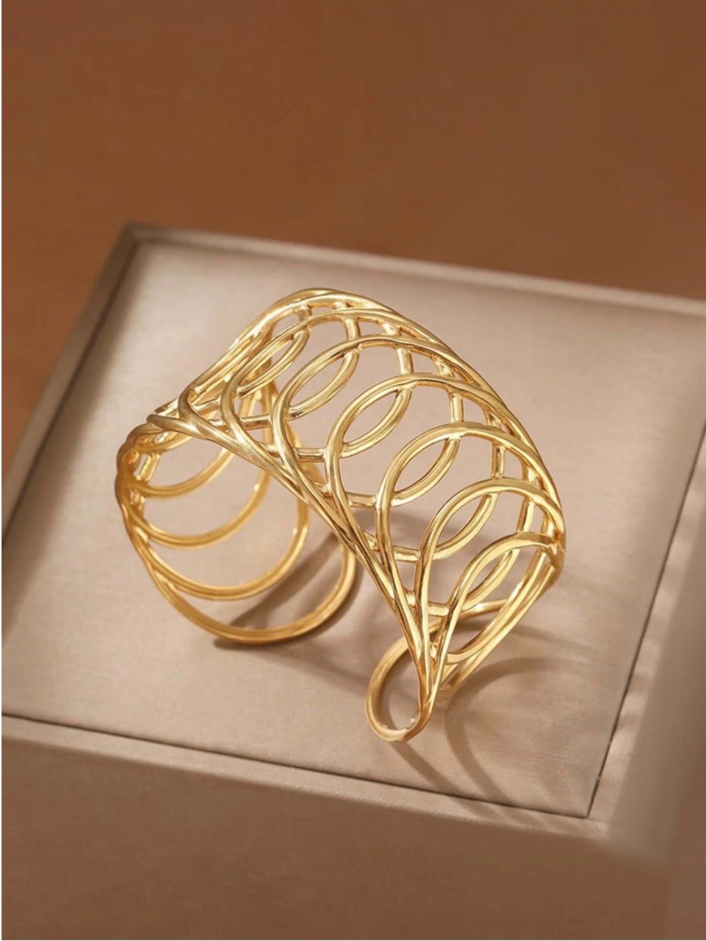 Gold Tone Stainless Steel Openwork Cuff Bracelet Adjustable Statement Bangle - Picture 2 of 7